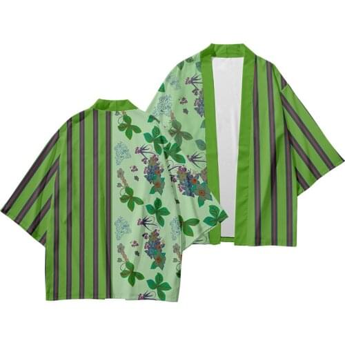 Green Striped Flower Printed Japanese Style Samurai Kimono Pants Suit Streetwear Men Women Cardigan Japan Harajuku Clothes