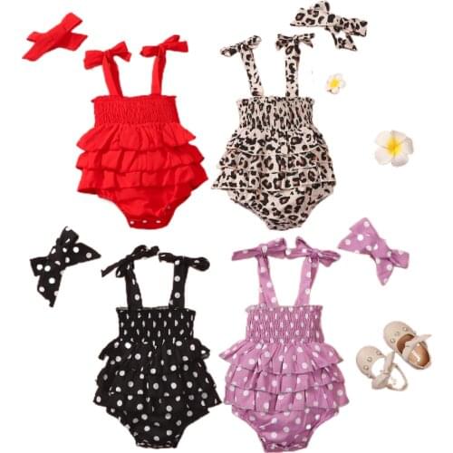 Organic Cotton Baby Newborn Infant Girl Clothes Rompers Summer Ruffle Hem Sleeveless Jumpsuit Clothes Outfit with Headband