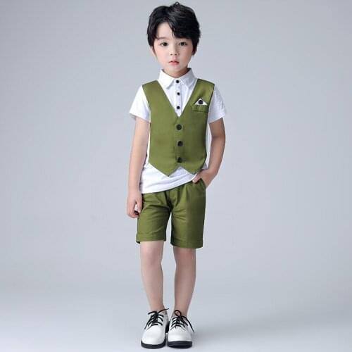 Kids Formal Wedding Clothing Set Flower Boys Summer Suit FakeVest +Shirt +Shorts 2PCS Children Piano Dance Performance Costume