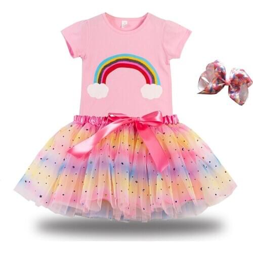 Toddler Girls Summer Dress Set Infant Girls Clothes Cute Tshirt Skirt With Hairpin Casual Dress Up 2 PCS Children Costume