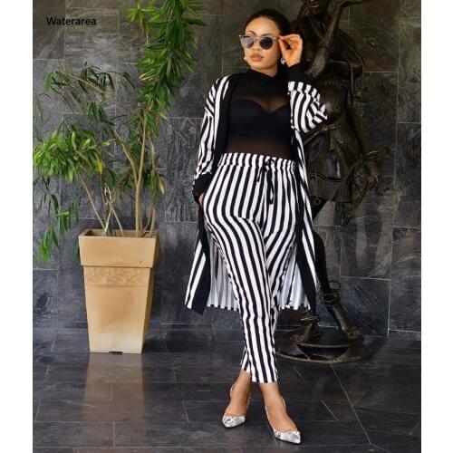 Striped Women Three Piece Outfits Sexy Bodycon Night Club Party Tracksuit Long Blazer Pants Suit Set Fashion Lady 3Piece Set