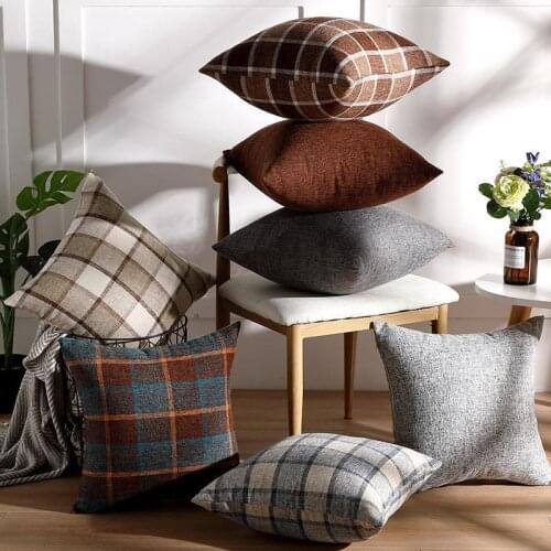 Throw Plaid Cotton Linen Pillow case Large Decorative Cushion Cover fit for Sofa, Bedside, Living Room, Chair, 30x50/40x40/55x55