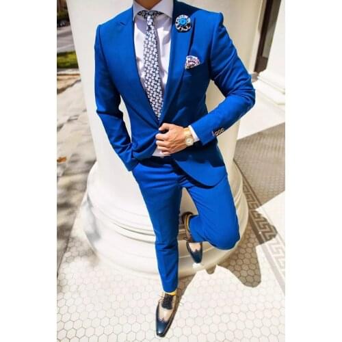 Latest Royal Blue Mens Suits 2 Pieces Custom Made Wedding Custom Groom Tuxedos Groomsman Party Suit For Man Jacket+Pants