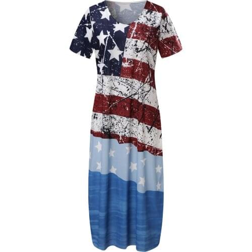 Womens T-shirt Dresses USA flag Print Loose O-neck Maxi Fashion Casual Autumn Dress American style Striped Gifts For Girlfriend