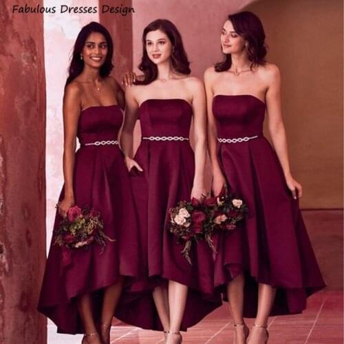 High-low A Line Bridesmaid Dresses Burgundy Strapless Boat Neck Sashes Maid Of Honor Dress 2021 Wedding Party