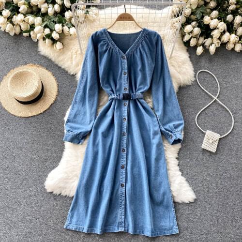 SINGREINY Women Retro Denim Dress Long Sleeve V Neck Single Breasted A-line Dresses Autumn Korean Fashion Streetwear Midi Dress