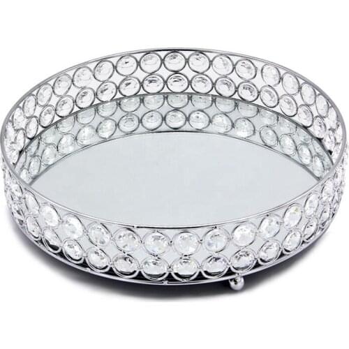 Silver Round Mirror Decorative Cosmetics Storage Box Tray, Wedding Home Decoration Rack