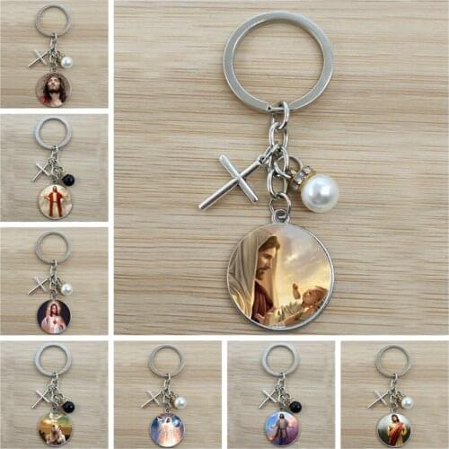 Jesus Savior Cross Keychain God and Us Glass Cabochon Pendant Handmade Charm Handbag Key Ring Christian Faith Gift