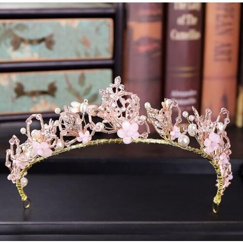 Pink Simulated Pearl Crystal Handmade Clear Rhinestone Beaded Wedding Hair Crown BN