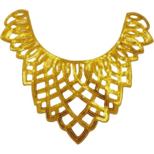 YACKALASI 5 Pcs Sequined Lace Appliqued Gold Collar Garment Trims 3D Embroidered Flower Patches Diy Sewing Apparel 33*28.5cm