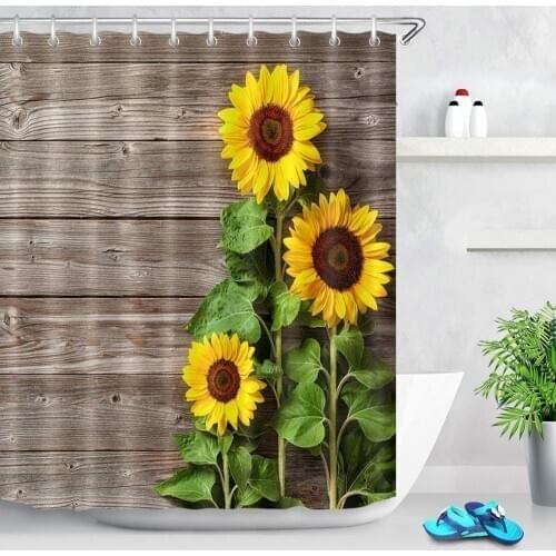 Country Style Shower Curtain Bright Yellow Flowers with Green Leaves on Rustic Wood Board Sunflower Bathroom Decor Set with hook