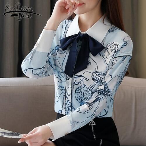 Women Spring Fashion 2020 Long Sleeve Print Shirt Vintage Bow Chiffon Blouse Elegant Office Lady Tops Blusas 8388 50