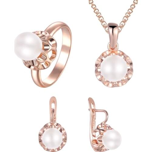 FJ Jewelry Sets Simulated Pearl Bead Ball Women 585 Gold Color Rose Earrings+Rings+Pendant Wedding Optional Chains Necklace