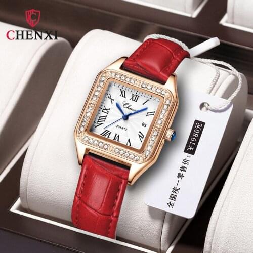 CHENXI Diamond Watch Women Rose Gold Square Waterproof Ladies Watch Genuine Leather Crystal Watches For Women Relogio Feminino