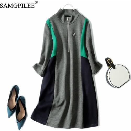 Dresses For Women 2021 Autumn New Korean Fashion Clothing Leisure Space Cotton Patchwork Stand Collar Knee Length Dress Woman