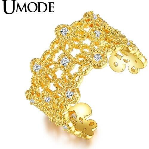 UMODE Unique Flower Cocktail Rings for Women Fashion Gold Color Jewelry CZ Stones Finger Open Ring Bague De Femme Cheap AUR0386A