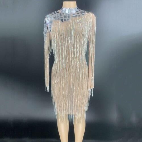 2020 Silver Rhinestone Fringes Transparent Mirrors Dress Long Sleeve Women Birthday Prom Party Dress Stage Performance Costume