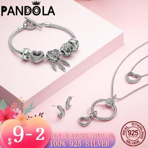 2021 new 925 Sterling Silver color Openwork Heart three Feathers Charms Beads Fit Original Pandora Charms Bracelet Jewelry Gift