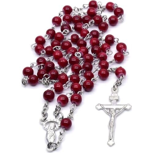 6mm Rosary Glass Beads Jesus Cross Pendant Necklace Charm Chain Jewelry Christ H58C