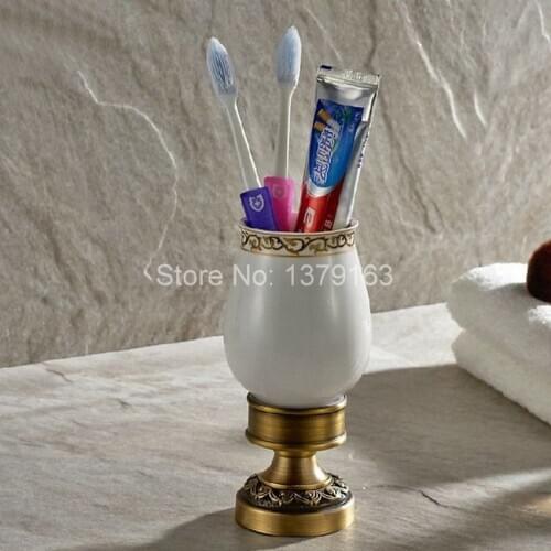 Antique Brass Carved Flower Pattern Toothbrush Holder with Single Ceramics Cup Deck Mounted Bathroom Accessories aba498