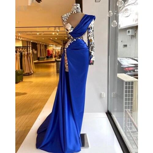 Sparkly Blue Evening Dresses 2021 Long Sleeve High Neck Sequin Satin Side Slit Prom Dress Formal Party Gowns abiti da cerimonia