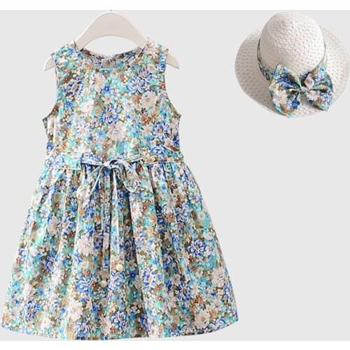 Kid Girl Dress+Hat Sets for Teenager Light Dresses New summer Flower Sleeveless Cotton Beach Princess Dress Pink Teenagers skirt