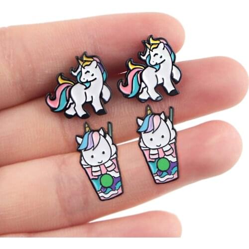 DZ1539 Fashion Unicorn Studs Earrings For Womans Stainless Steel Pierce Korea Earrings Cool Enamel Jewelry Girls for Gifts