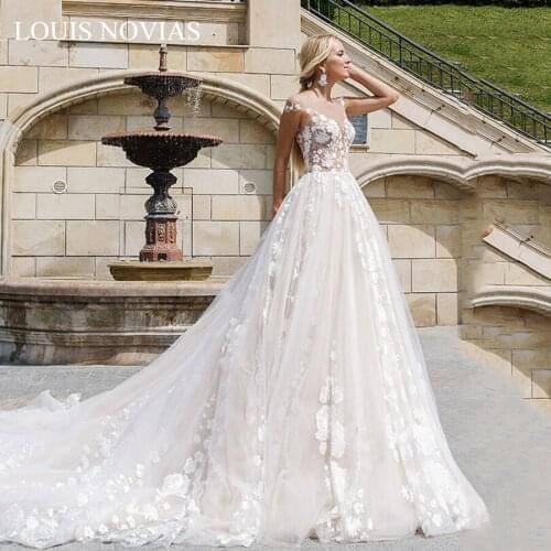 Louis Novias Light Wedding Dress Exquisite Embroidery Invisible Neckline Sleeveless Sweep Brush Train Embroidered Lace on Net