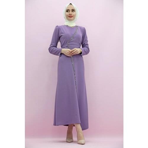 New Season Summer Trend Muslim Stone Embroidered Belted Dress Lilac