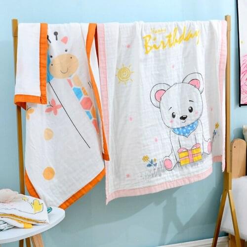 Newborn Baby Blankets Swaddle Scarf 6 Layer Gauze Bath Towel With Cotton Print With Wide Edge Stroller Wrap Quilts Bedding Ab07