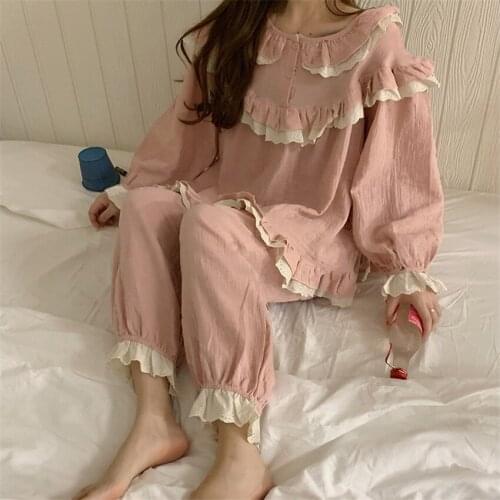 Pajamas for Women Set Mori Girl Ruffle Peter Pan Collar Renaissance Top Trousers with Lace Patchwork Sweet Vintage Nightgown