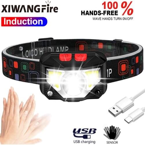 Portable Bright Hands-free LED Headlamp Motion Sensor head lamp LED headlight Torch lantern with Built-in battery inductive