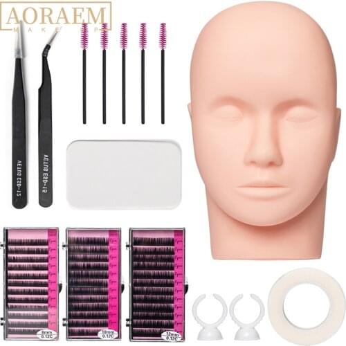AORAEM Eyelashes Extension Exercise Kit Eyes Makeup Set Grafting Eyelash Tools Practice Head Eye Lashes Graft Tweezers Brush