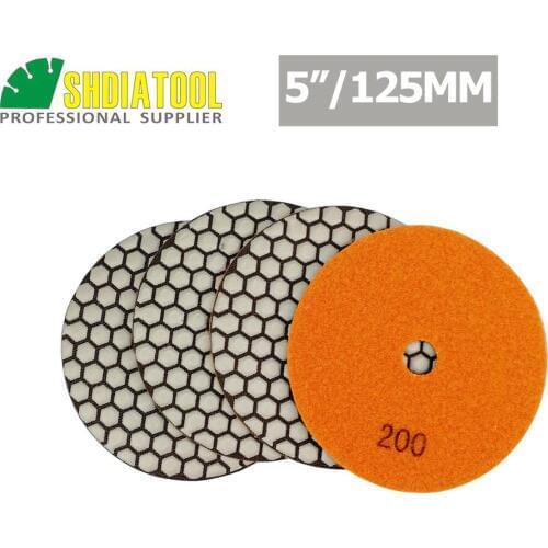 SHDIATOOL 4pcs Dia 125mm/5" Grit #200 Diamond Dry Polishing Pads Sander Disk Granite Marble Tile Stone Polisher Pad Sanding Disc
