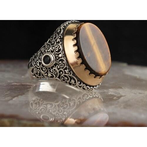 Tigers Eye Stone Pattern 925 Sterling Silver Men 'S Ring
