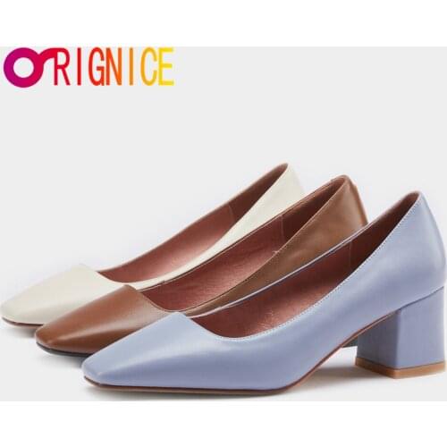 Orignice New Arrival Thick Heels Women Full Genuine Leather Pumps Slip On Square Toe Office Career Shoes Size 34-40 Handmade