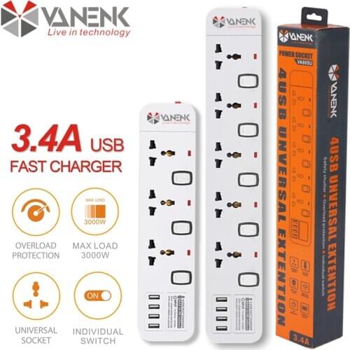 VANENK Smart Universal Power Strip Extension Lead Cord Socket Outlet UK EU Adapter Plug With USB Ports FAST Charger 3.4A