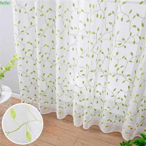 Green Leaves Sheer Curtains for Windows Embroidered Tulle Curtains for Living Room Bedroom Kitchen Window for Kids Children Room