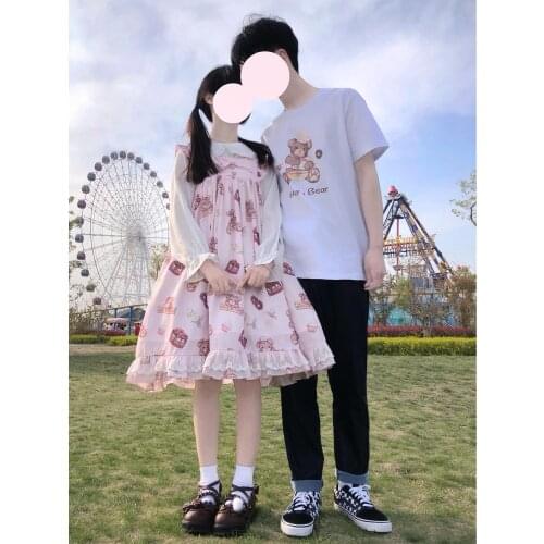 Japanese Sweet Kawaii Jsk Lolita Dress Little Bear Dessert Party Print Cartoon Sleeveless Bow Lace Princess Tea Party Dresses