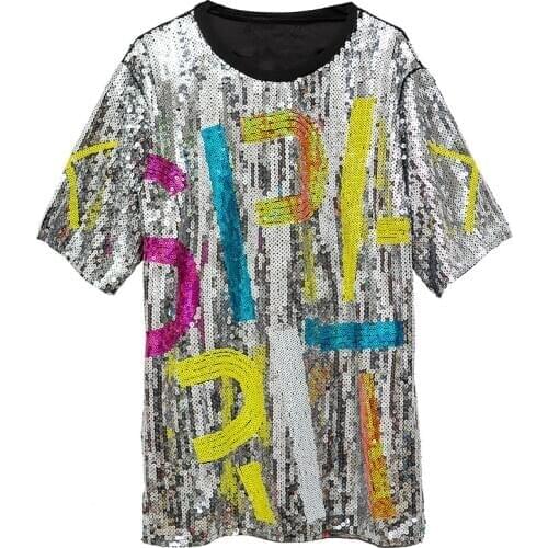 Womens Loose Sequins T-shirts Summer Short-sleeved Beading Tees Sequined Stitching Oversized Shirts Dress Tops 2019 Harajuku