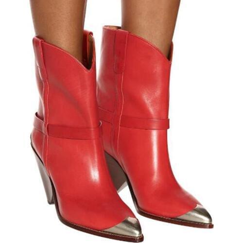 2020 Autumn Cowboy Boots For Women Leather Ankle Boots Metal Cover Pointed Toe Spike High Heels Ladies Runway Shoes Winter Boots