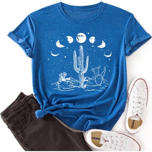 Women Crew Neck Short Sleeve Casual Summer T-shirts Cactus Eclipse Graphic Tee Shirt Tops Female Clothes Shirts for Woman