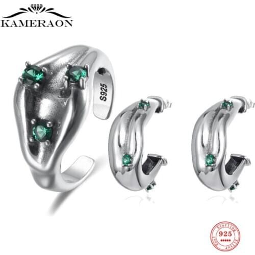 Sterling Silver 925 Oxidation Green Zircon Large Earrings Opening Ring Set for Women Stylish Luxury Personality Fine Jewelry
