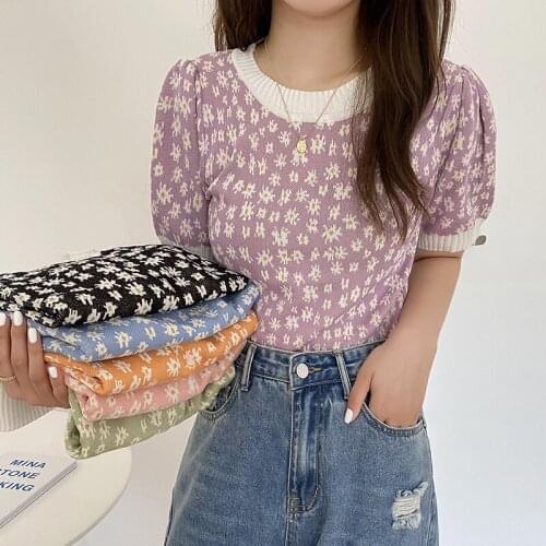 2021 Summer Vintage Flower Puff Sleeve Knitted Sweater Women Korean Fashion Womens Clothing Slim Thin Pullover Top Pull Femme