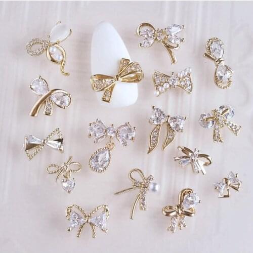 10pcs 3D Butterfly Bow Alloy Nail Art Zircon Pearl Crystal Metal Manicure Nails Accesorios Supplies DIY Nail Decorations Charms