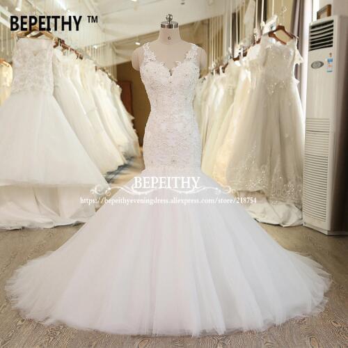 2020 BEPEITHY Mermaid Wedding Dress V-neck Lace Beadings Casamento Bridal Dresses Zipper Back Vestido De Novia Real Photo