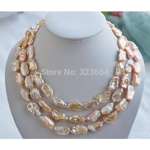 3row 20mm PINK BAROQUE KESHI REBORN biwa PEARL NECKLACE