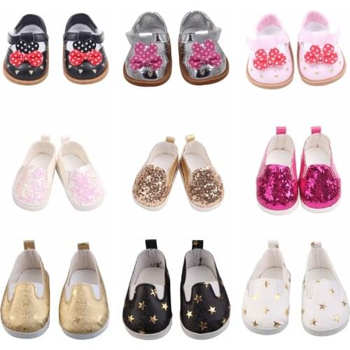 Doll Accessories PU Leather Shoes with Round Head /Star/Bows for 18 inch American Dolls Toy Shoes for 43cm Dolls