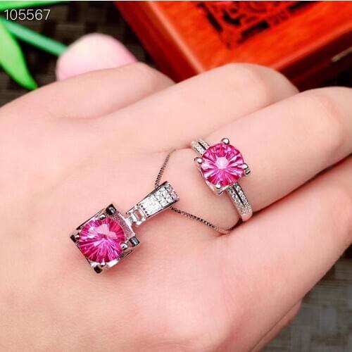 Elegant lovely square Natural pink topaz gem jewelry sets natural gemstone ring Pendant Earrings 925 silver girl gift jewelry