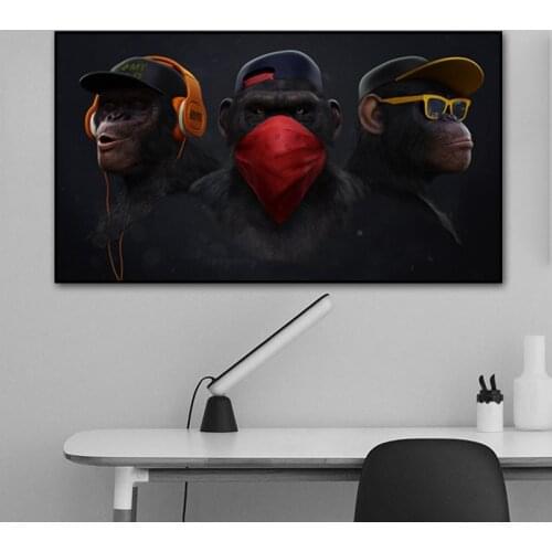 3 Monkeys Canvas Paintings Cool Animal Graffiti Street Art Posters and Prints Modern Wall Art Picture for Living Room Home Decor
